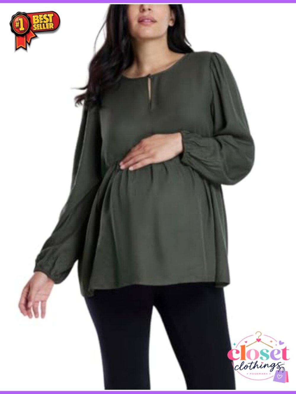 Motherhood Maternity Long Sleeve Empire Waist Keyhole Woven Pregnancy Blouse